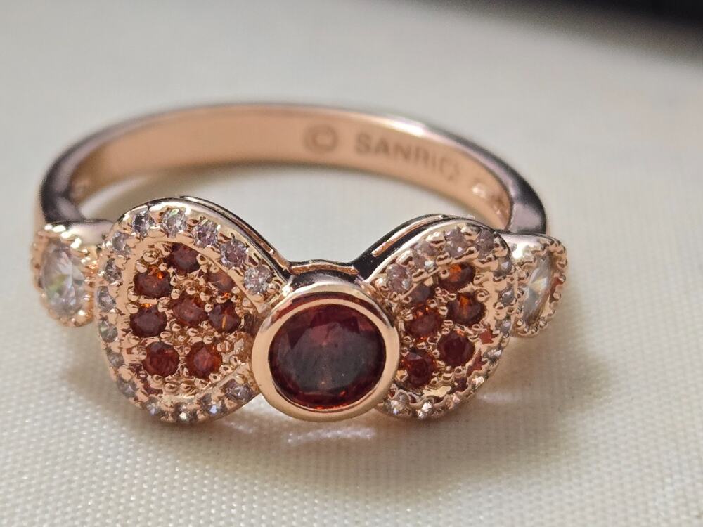 Hello Kitty Rose Gold Tone Rhinestone Ring Bow Size 8 marked Sanrio